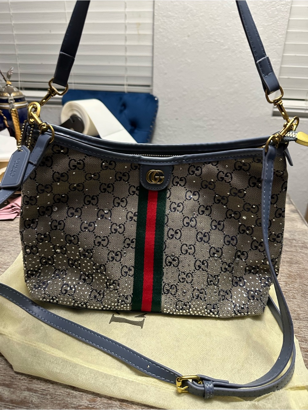 Blue-Trim Supreme Shoulder Bag with bling - Picture 4 of 11